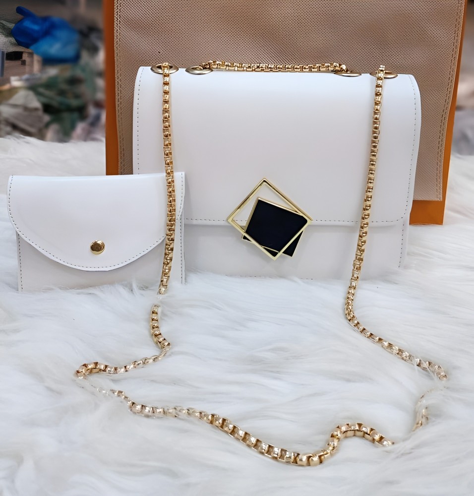 2 Pcs PU Leather Handbag Set with Long Golden Chain for Girls – Stylish & Trendy