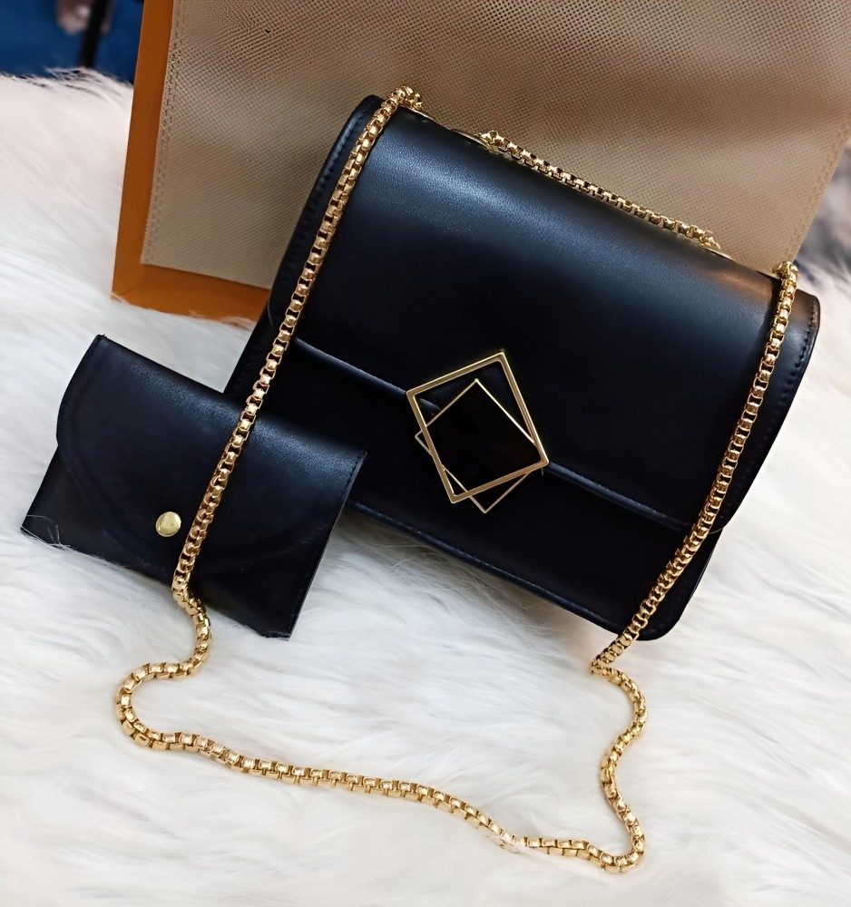 2 Pcs PU Leather Handbag Set with Long Golden Chain for Girls – Stylish & Trendy