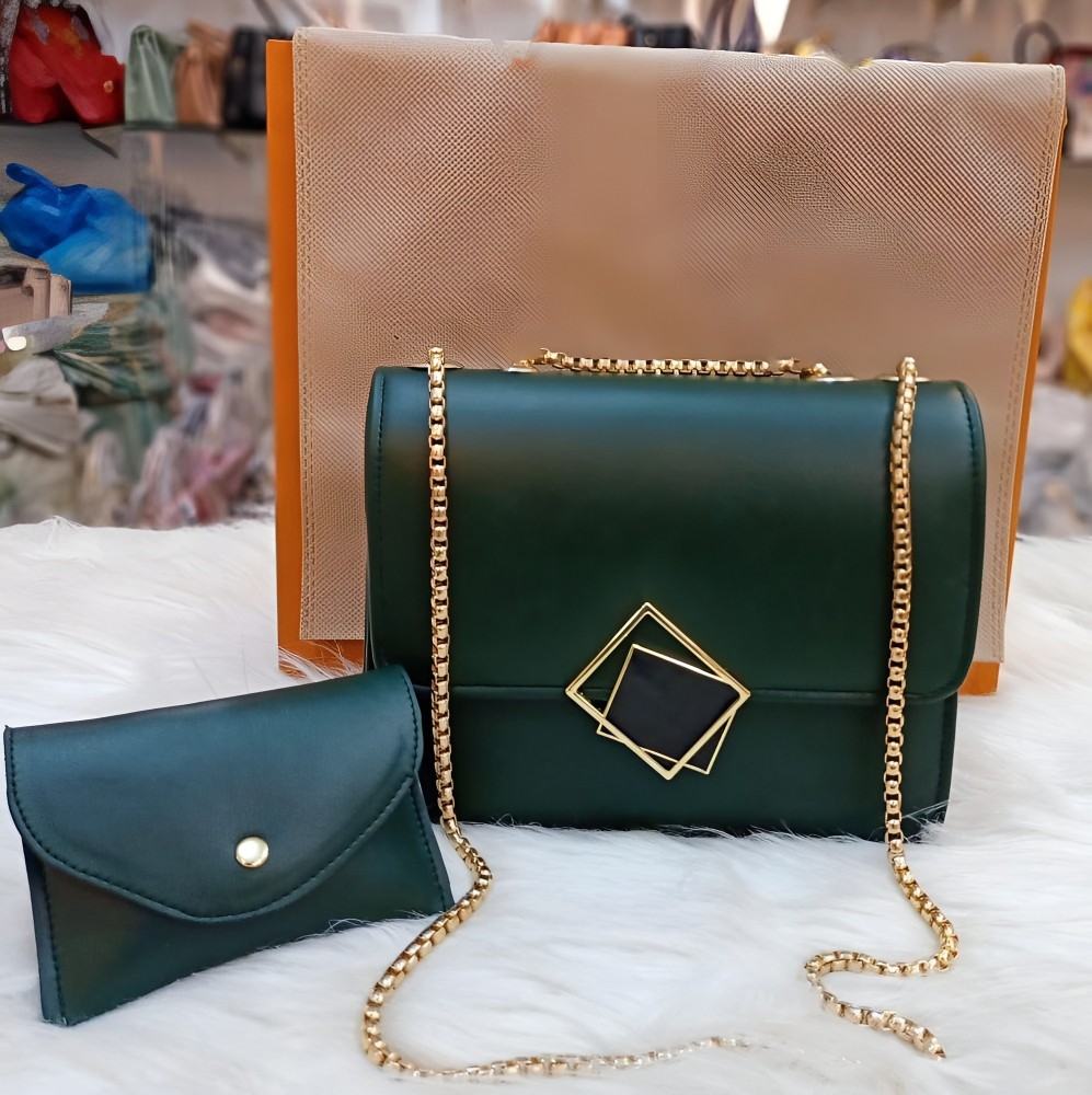 2 Pcs PU Leather Handbag Set with Long Golden Chain for Girls – Stylish & Trendy