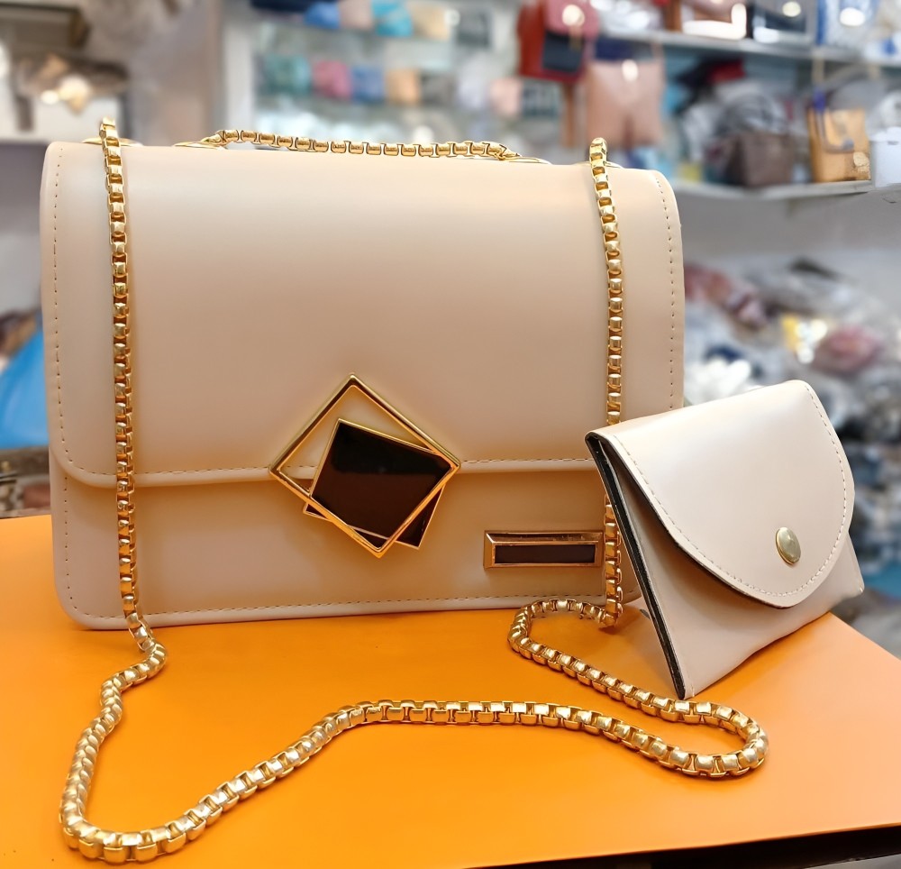 2 Pcs PU Leather Handbag Set with Long Golden Chain for Girls – Stylish & Trendy