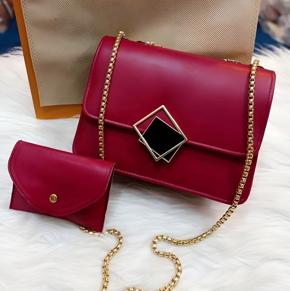 2 Pcs PU Leather Handbag Set with Long Golden Chain for Girls – Stylish & Trendy