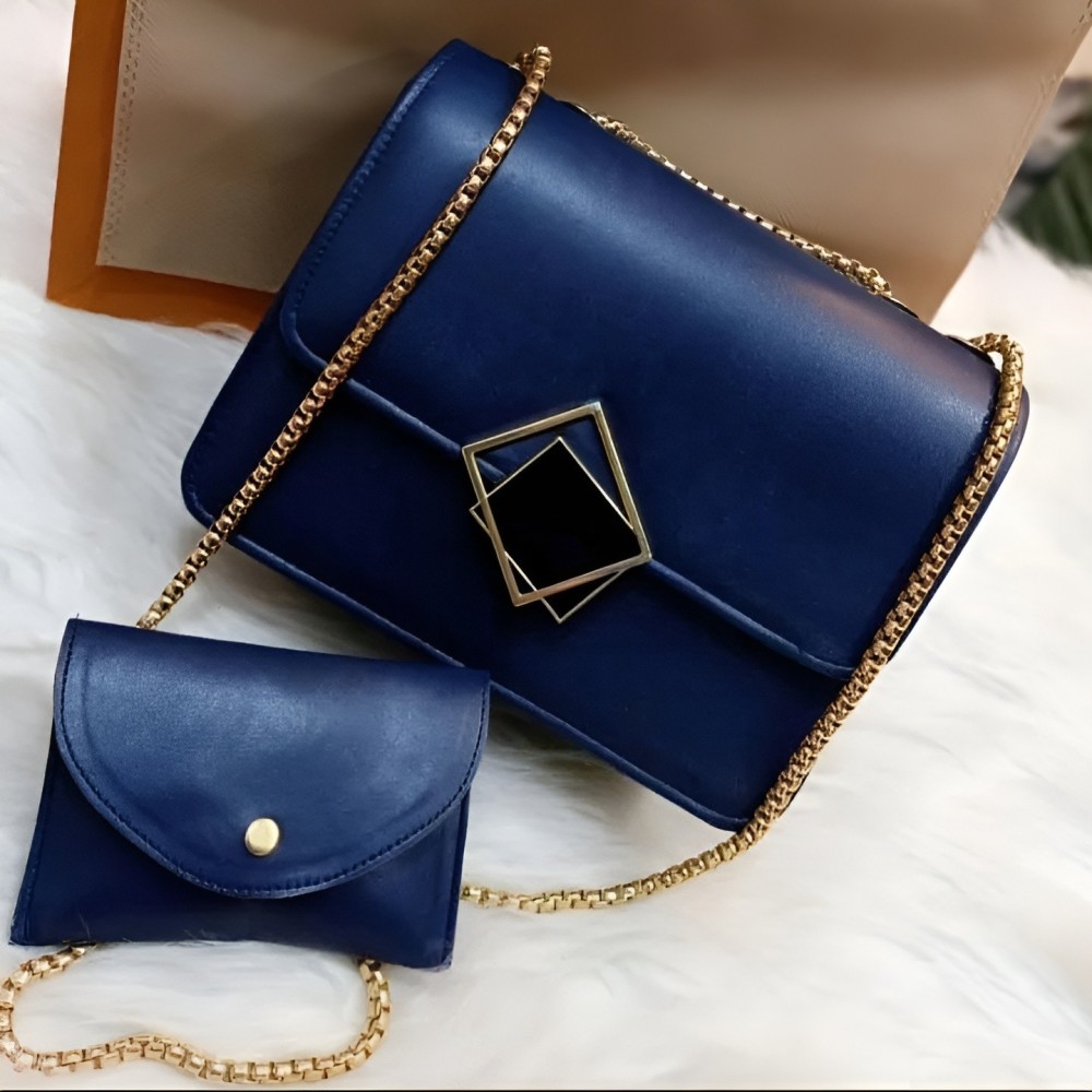 2 Pcs PU Leather Handbag Set with Long Golden Chain for Girls – Stylish & Trendy