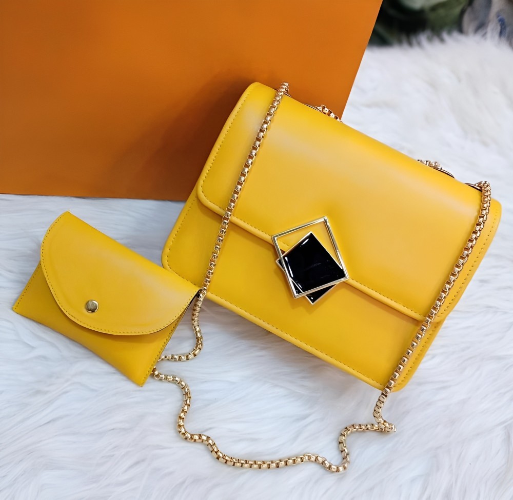 2 Pcs PU Leather Handbag Set with Long Golden Chain for Girls – Stylish & Trendy
