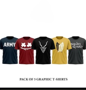 Men Graphic Printed Jersey T-Shirt Half Sleeves Pack of 5 Casual Wear