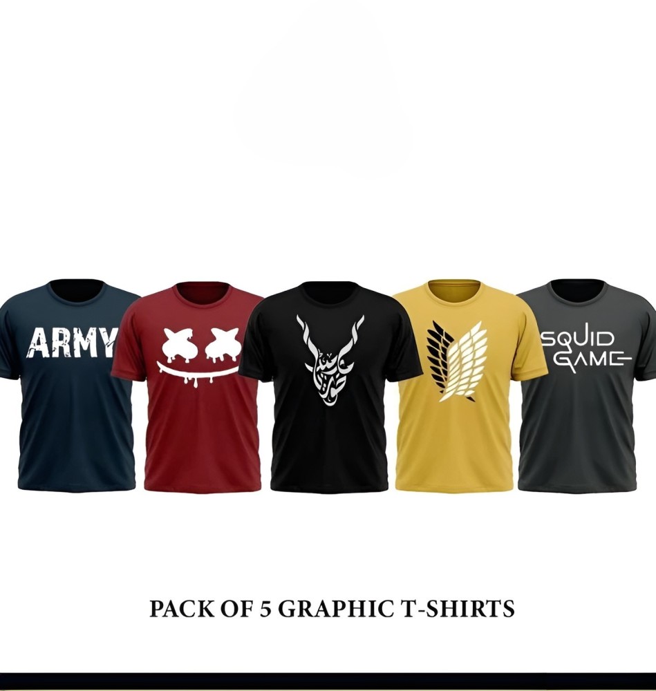 Men Graphic Printed Jersey T-Shirt Half Sleeves Pack of 5 Casual Wear